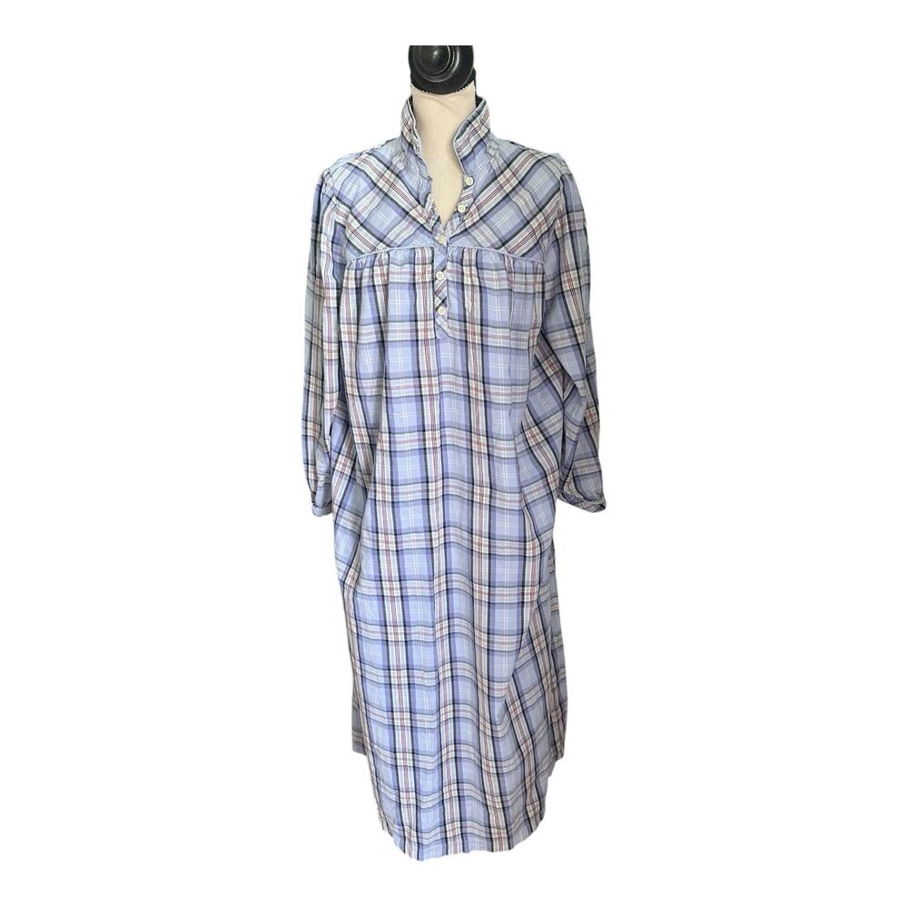 Vintage L.L. Bean Flannel Nightgown Blue Plaid Cottagecore Prairie Dress L